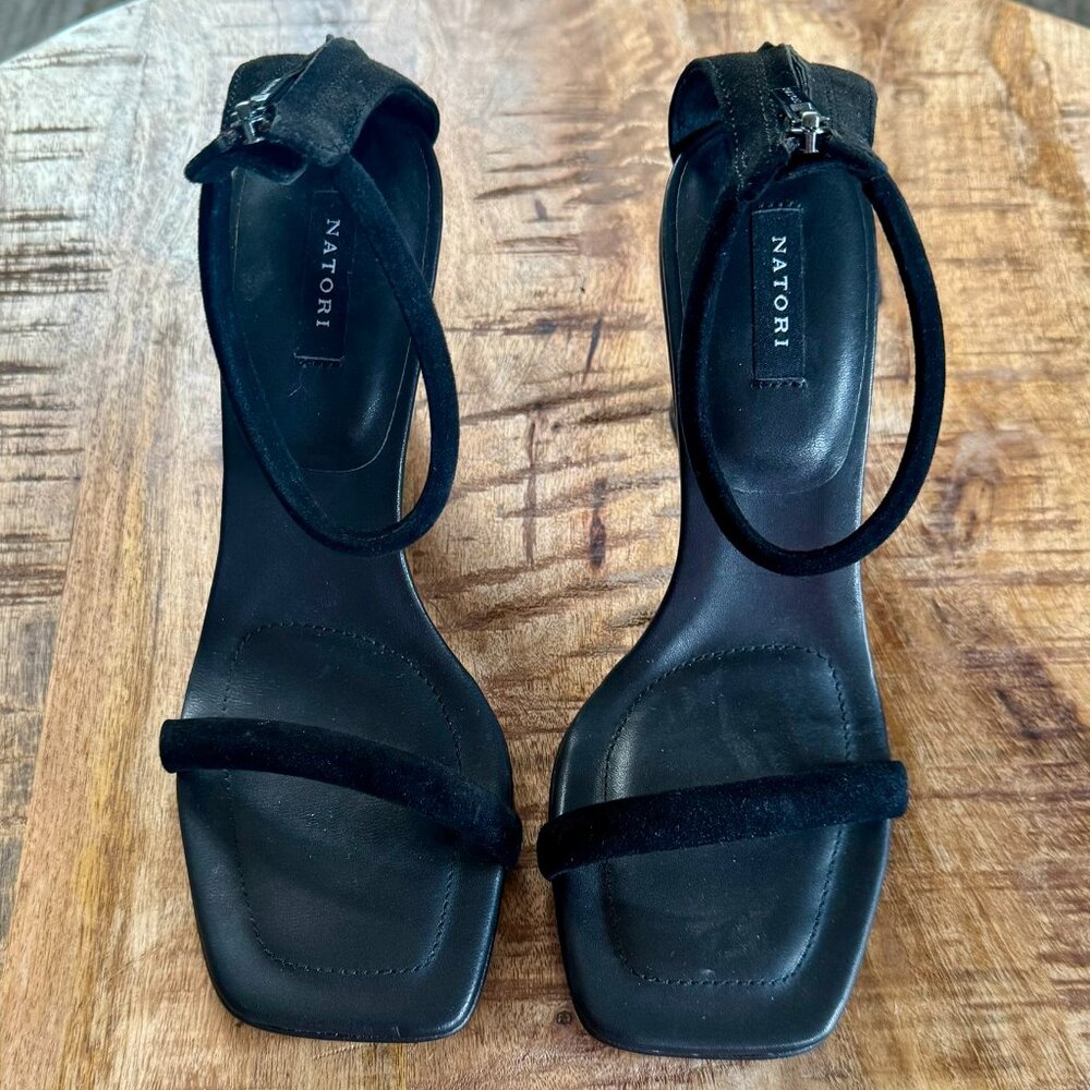 NWOT - Black Glow Nappa Leather Block Heel Sandal